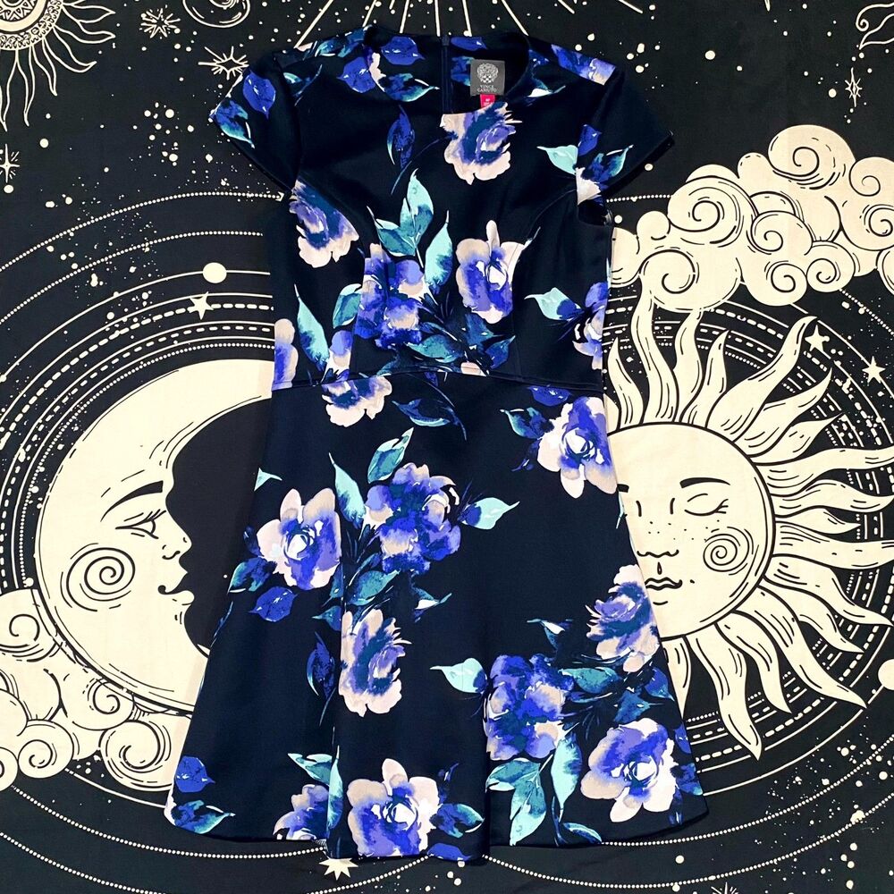 Vince Camuto Dress Women's 8P Blue Floral Fit & Flare Mini Stretch Summer